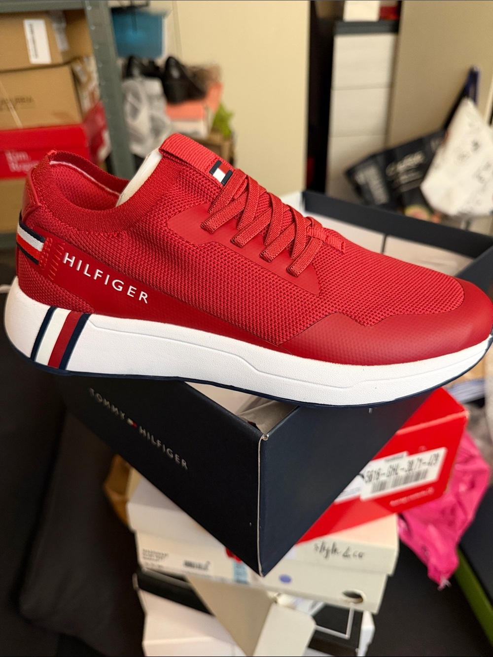Tommy Hilfiger Red Knit Lace-Up Men's Sneaker with Signature Stripe. 7.5 size